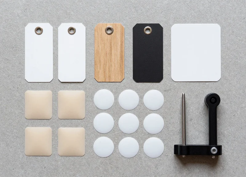An organized arrangement of various security tags and mounting adhesives on a clean surface.