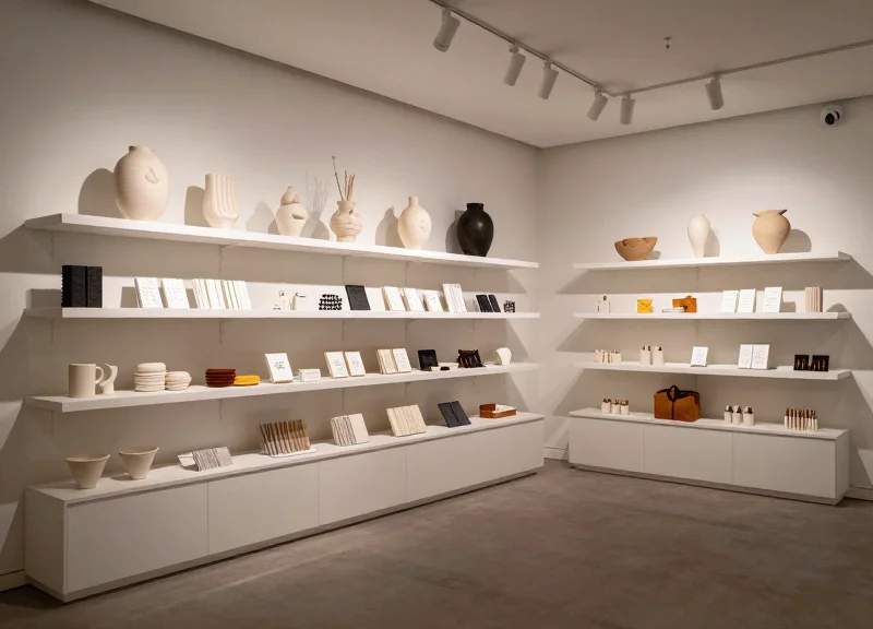 Interior of a high-end contemporary art gift shop with minimalist displays and soft lighting