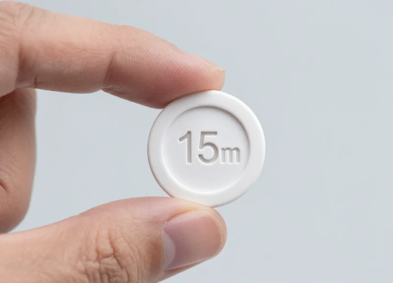 A small 15mm circular security tag shown for scale