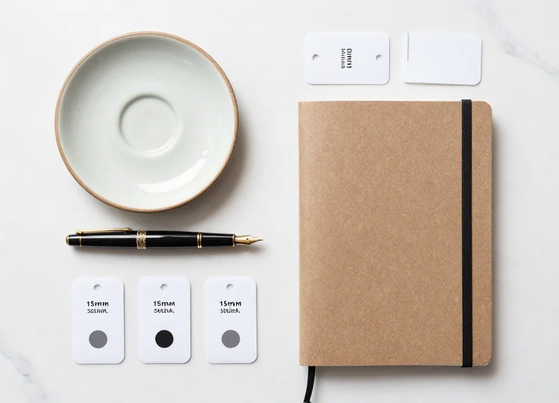Flat lay of art boutique items and discreet security tags
