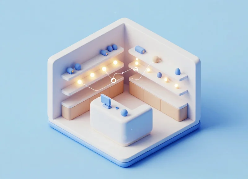 Isometric 3D model of a smart retail security system for a boutique