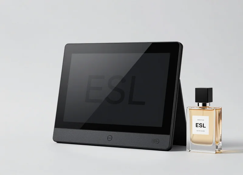 A modern electronic shelf label (ESL) next to a luxury perfume bottle.