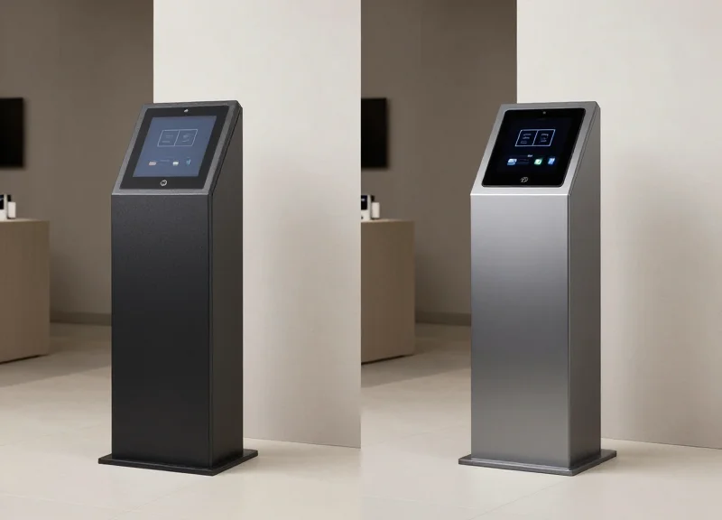 Two different security pedestals for store entrances shown side-by-side for technological comparison.