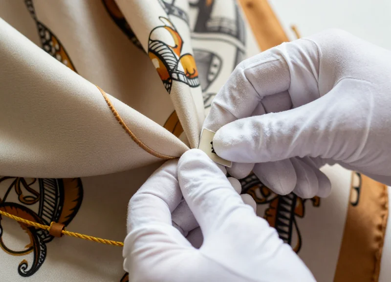 Hands wearing white gloves carefully placing a security tag on a vintage silk scarf.