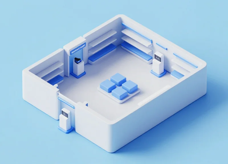 Isometric 3D model of a retail store security architecture with EAS pedestals