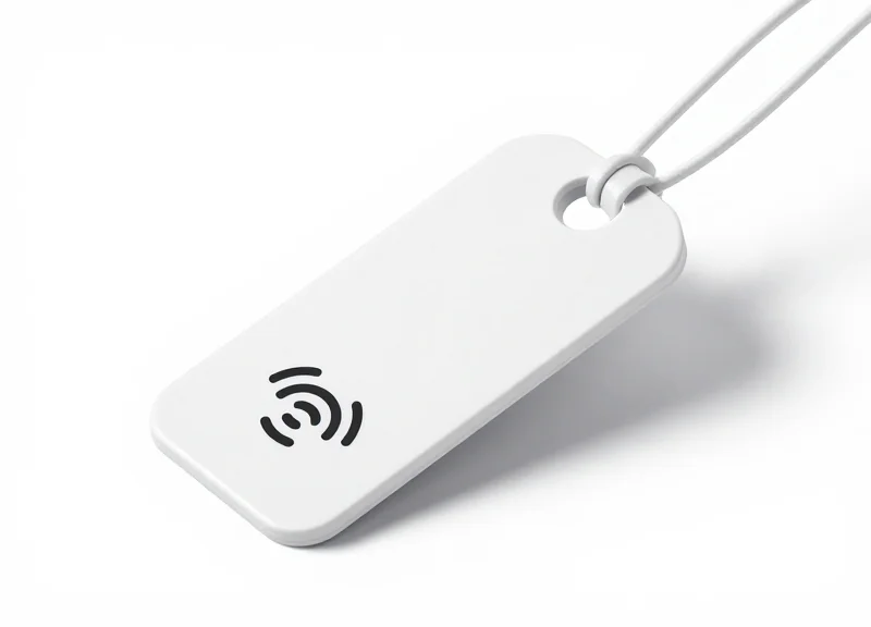 A close-up of a modern dual-frequency security tag on a white background.