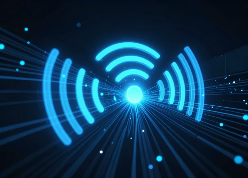 Abstract blue waves representing RFID signals radiating from a gate.