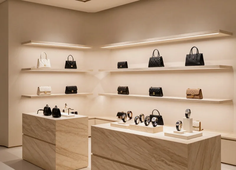 A high-end luxury resale boutique interior with elegant designer displays and cinematic lighting.