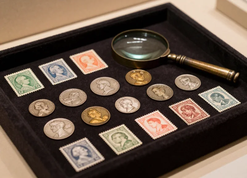 Close-up of rare historical coins and vintage postage stamps on a velvet tray with a magnifying glass.