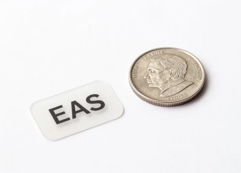 A tiny transparent EAS security tag placed next to a silver coin on a white background.