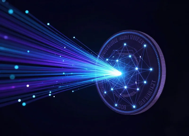 Abstract digital visualization of coins connecting to an inventory system via blue light trails.