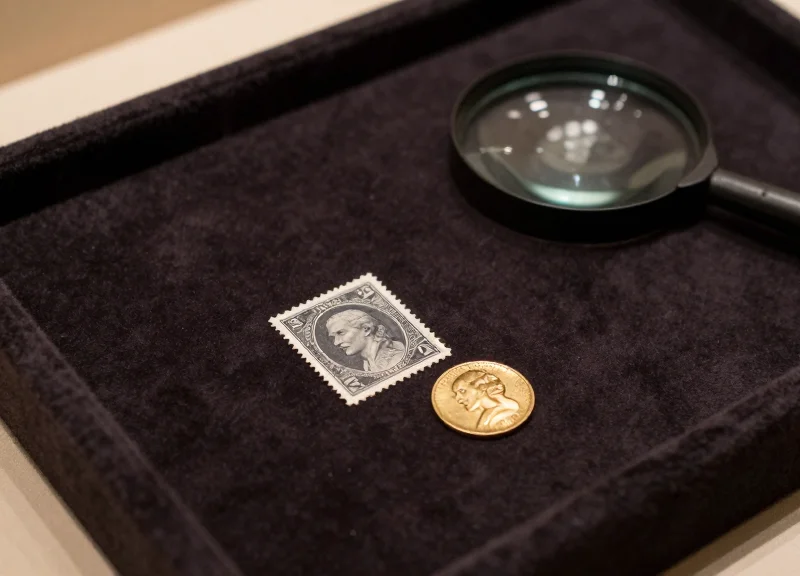 Close-up of a rare vintage stamp and a gold coin on a velvet display with a magnifying glass.