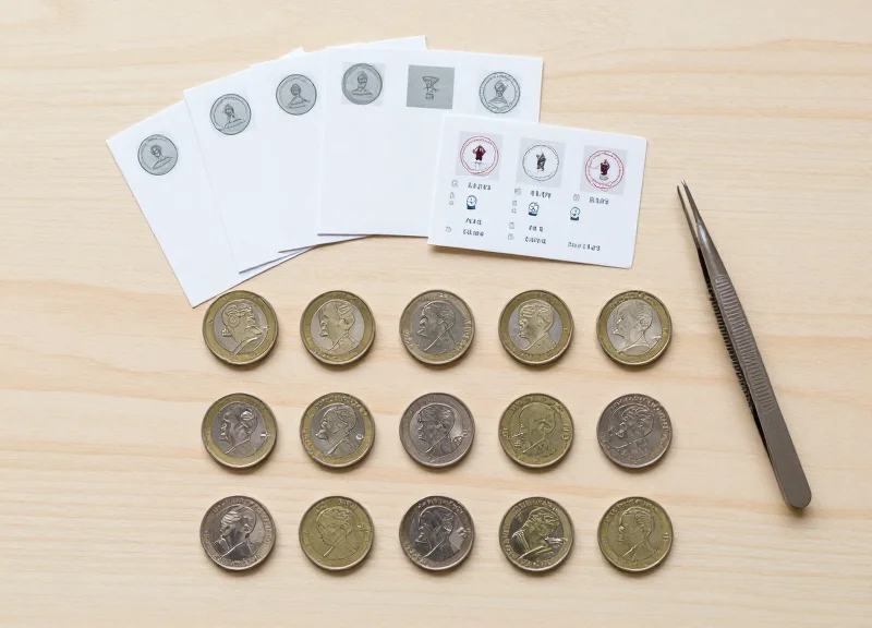 Flat lay of coin flips, stamp mounts, and security labels arranged on a workspace.