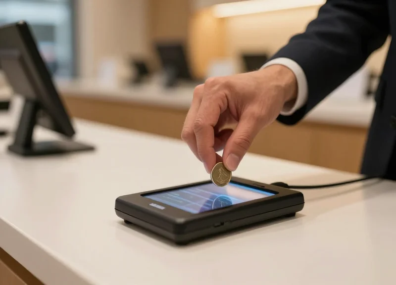 A hand passing a small protected collectible over a deactivation pad at a checkout counter.
