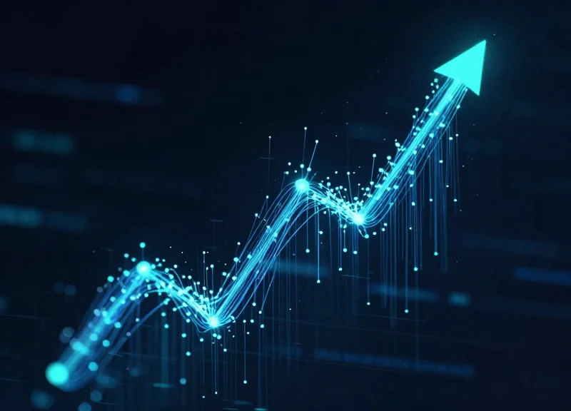 Abstract digital representation of rising inventory accuracy using glowing data streams and nodes
