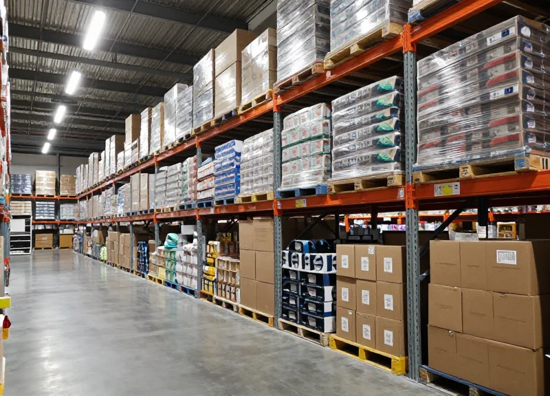 Wide shot of a large warehouse club aisle with high shelves stacked with bulk merchandise