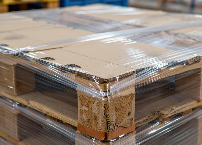 Close-up of industrial bulk packaging showing cardboard and plastic wrap textures