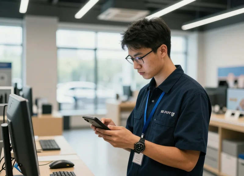 A technician performing a site survey in a modern commercial environment.