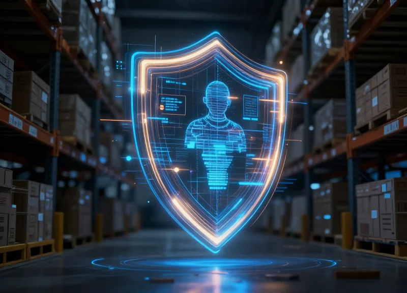 Futuristic digital warehouse security network with glowing data streams and protective light trails.