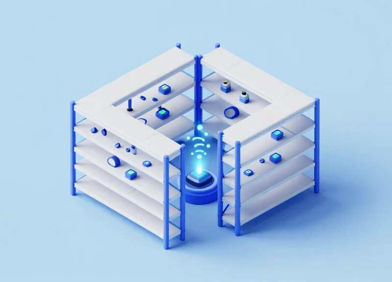 Isometric 3D model of a warehouse shelving system with integrated RFID tracking sensors.