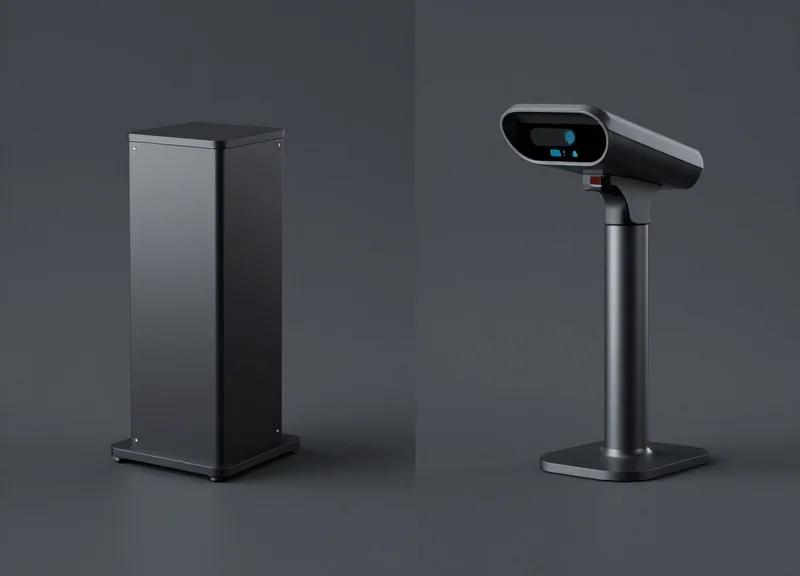 Side-by-side comparison of a traditional security pedestal and a modern RFID ceiling scanner.