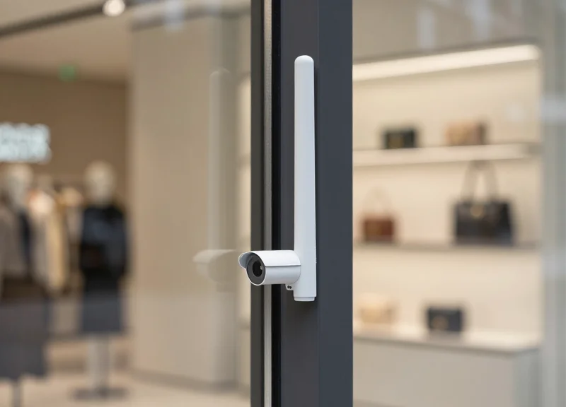 A close-up shot of a slim security antenna installed in a very narrow doorway between a glass door and a wall.