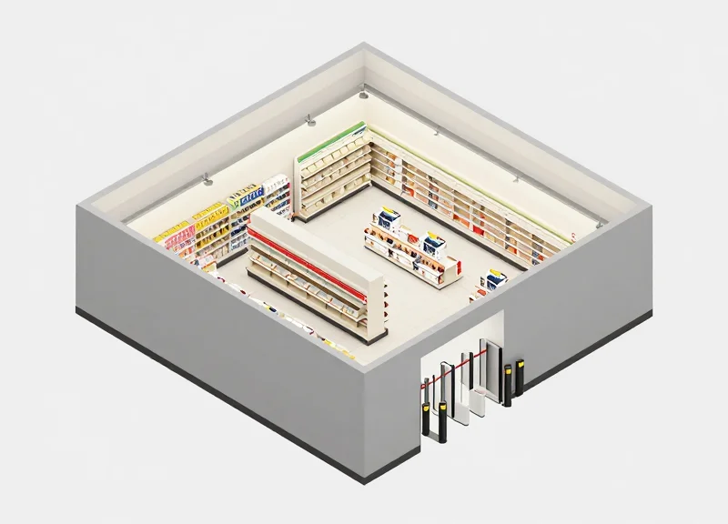 Architectural isometric view of a store layout optimized for security pedestals.