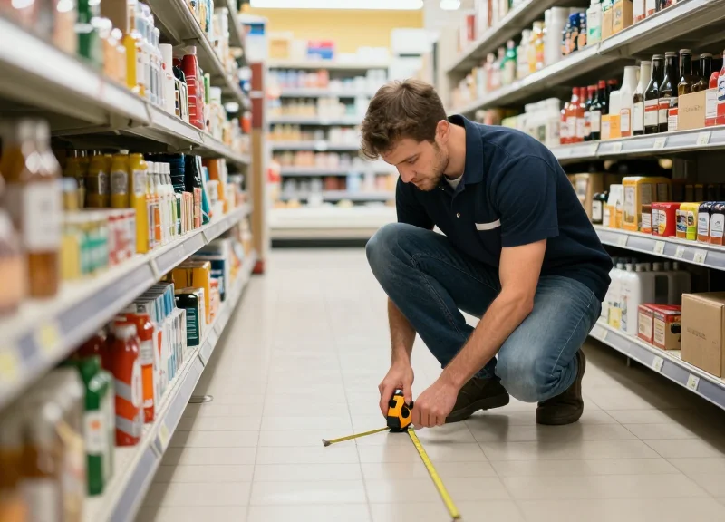 Technician measuring the clearance in a narrow grocery store aisle for pedestal placement.