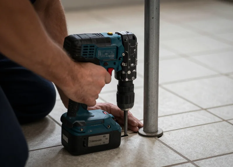 Technician securing the base of a security pedestal to a retail floor.