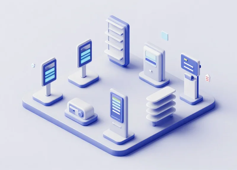 Isometric view of a retail system integrating EAS, ESL, and RFID technology.