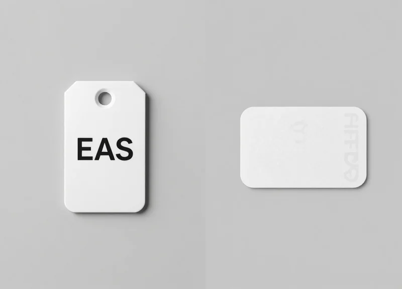 Side-by-side visual comparison of an EAS tag and an RFID label