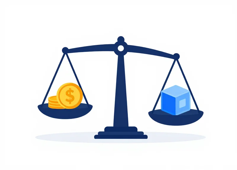 Flat vector illustration of a scale balancing a financial coin and a digital tech cube