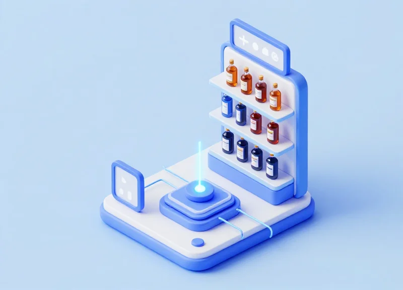 A 3D isometric model of a liquor shelf integrated with electronic shelf labels and digital data flow.