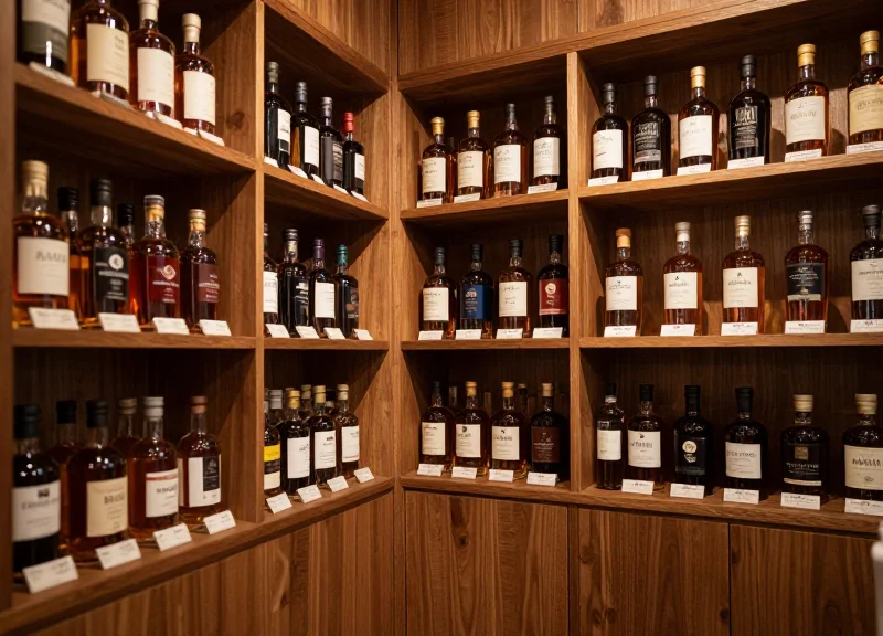 The interior of a high-end luxury spirit boutique with premium glass bottles on elegant wooden shelves under warm cinematic lighting.