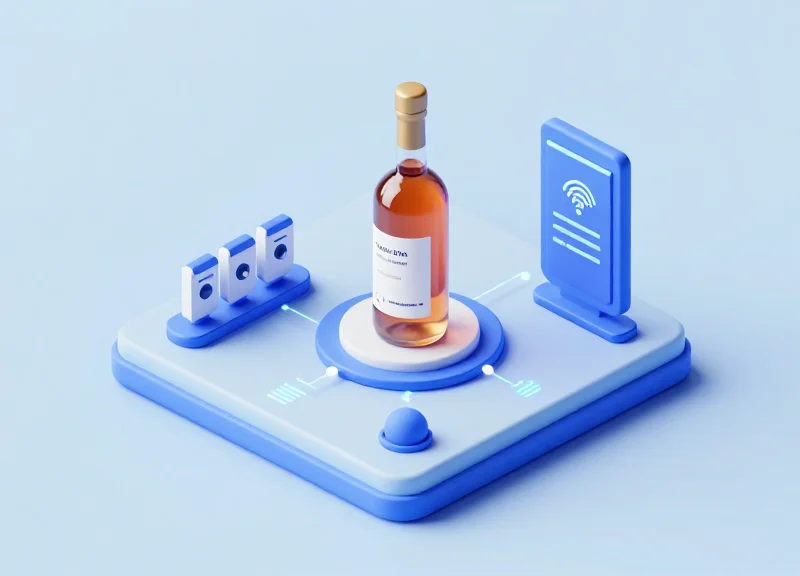 Isometric 3D model of an integrated retail security network with connected server modules and bottle tags.