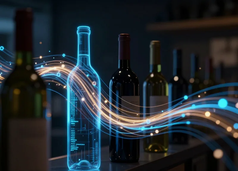 Abstract visualization of RFID signals and data streams emanating from liquor bottles on a shelf.