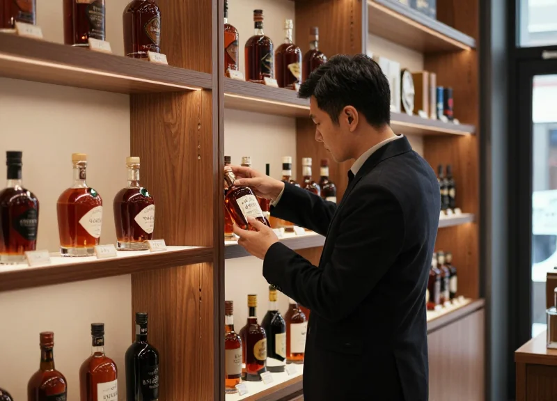 A customer browsing premium liquor bottles in a high-end retail environment with modern security features.