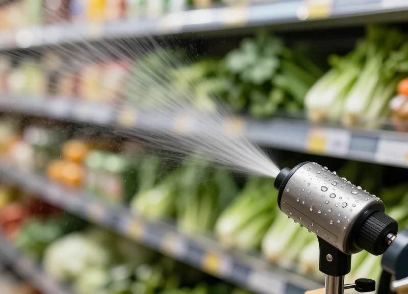 Close-up of water droplets on a sleek electronic sensor with grocery produce misting in the background