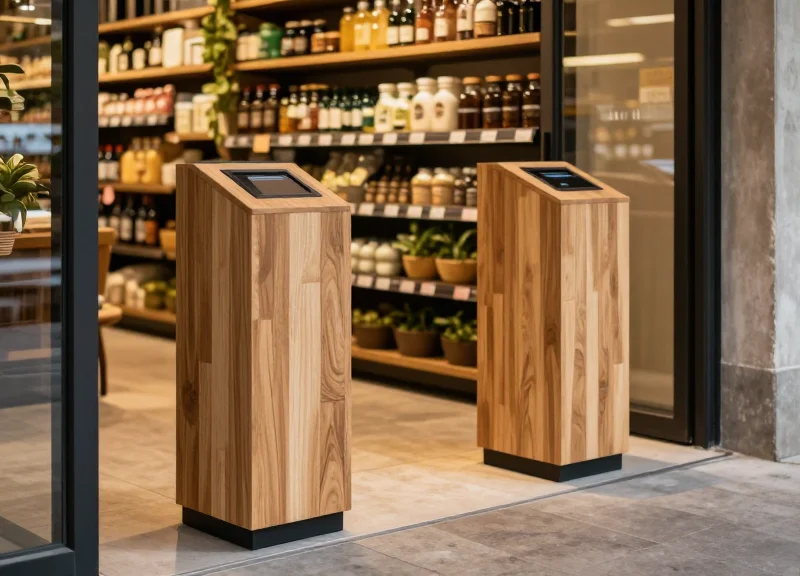 Modern security pedestals with wood finish integrated into a luxury organic store entrance
