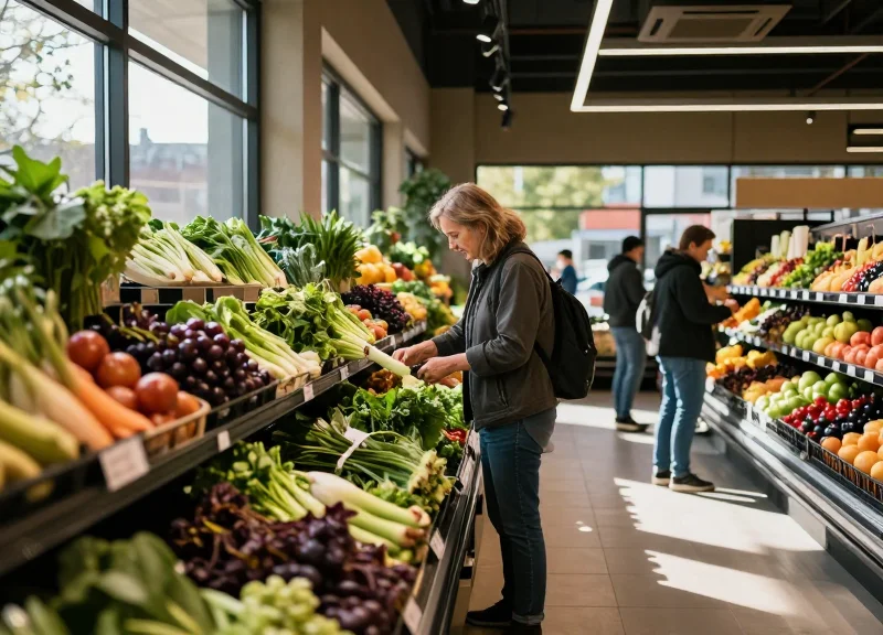 Busy organic grocery store section with shoppers and fresh vibrant produce