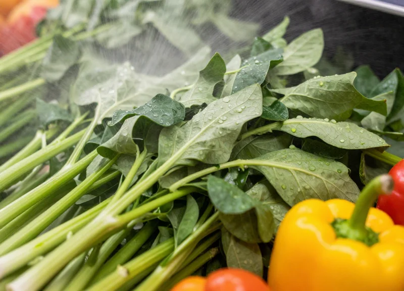 Close-up of fresh produce being misted with water in a grocery store