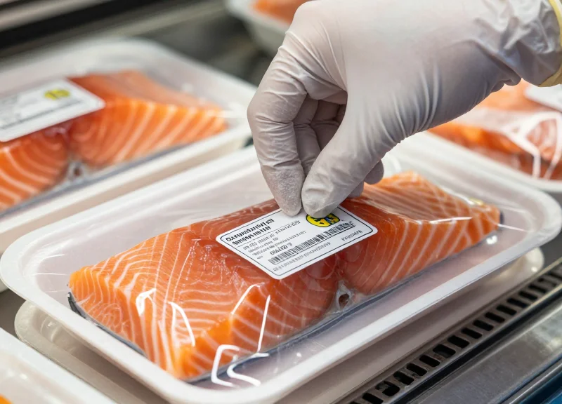 A hand applying a security label to a tray of fresh seafood in a retail setting.