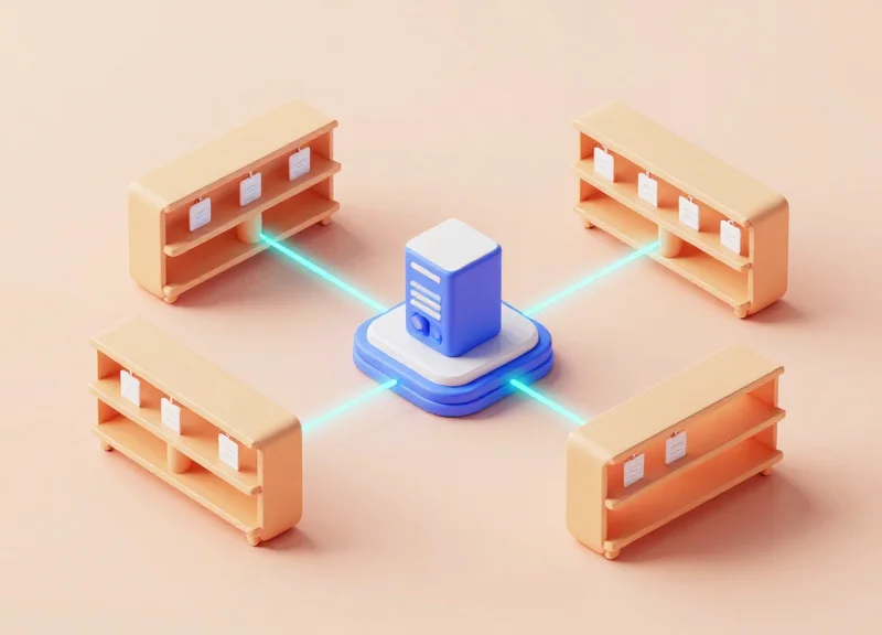 3D isometric representation of an RFID-enabled retail system with connected smart tags