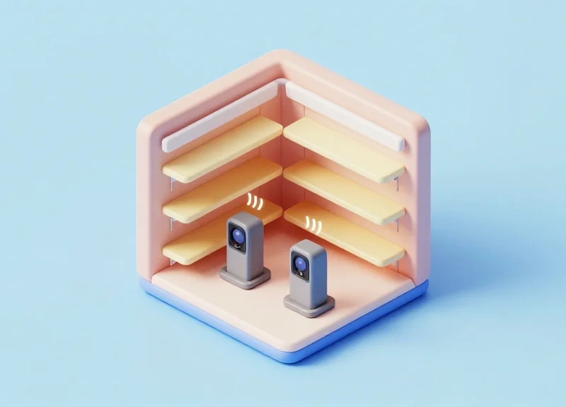 Isometric 3D model of a small retail store with EAS security gates at the entrance.