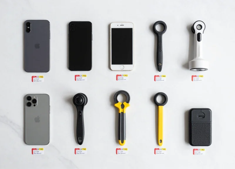 Top-down view of various gas station items neatly arranged with security tags.