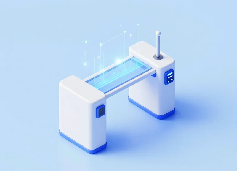 Isometric 3D model of a smart retail security gate with floating data nodes.