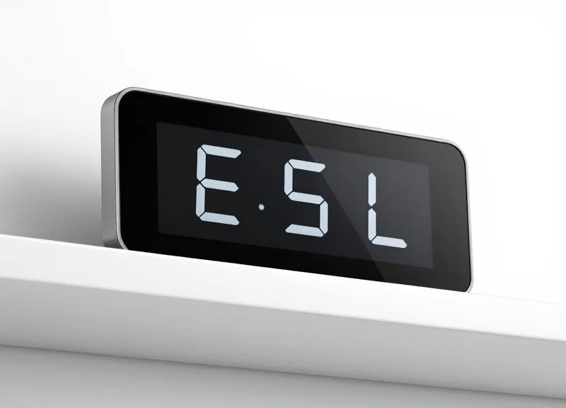 A close-up product shot of a modern electronic shelf label with a minimalist digital interface.