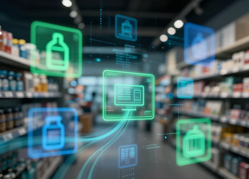 Abstract digital visualization of computer vision scanning objects in a retail environment.