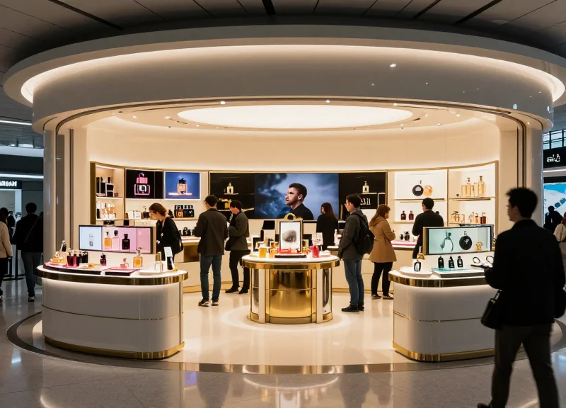 Wide shot of a modern, bustling airport duty-free shop with luxury displays and travelers in a high-tech 2026 environment.