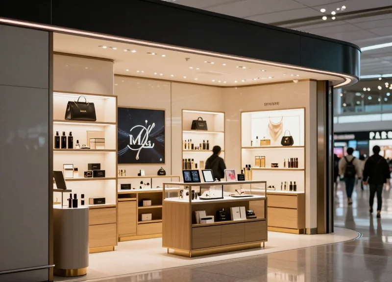 A high-end luxury duty-free store in a modern airport terminal with soft lighting and blurred passengers.